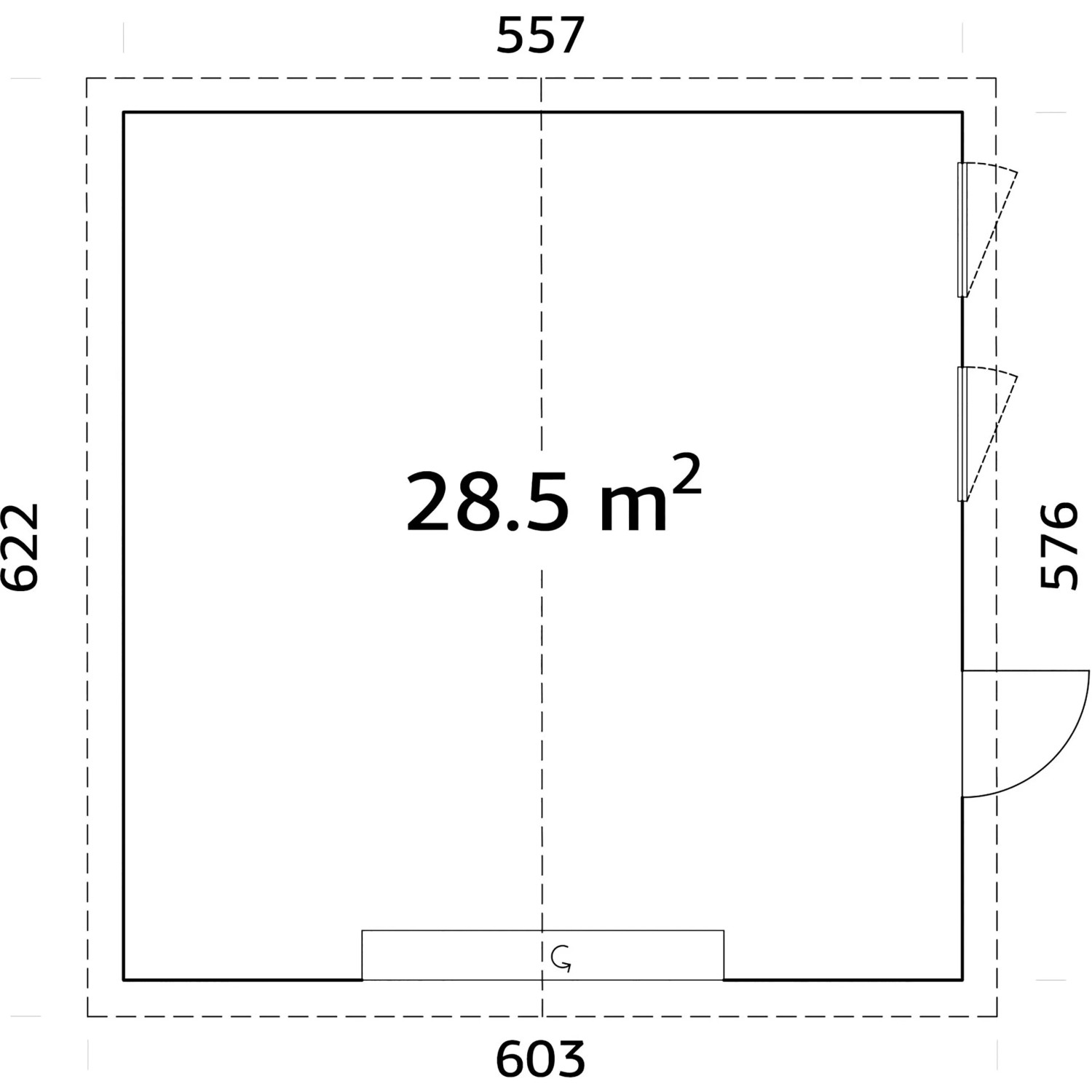 Grundriss Palmako Holzgarage Andre mit Sektionaltor, Maße 557x576 cm, 28,5 m².