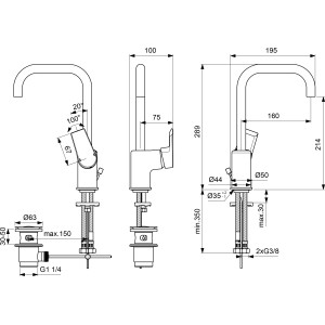 Technische Zeichnung: Ideal Standard Tesi Waschtischarmatur mit hohem Auslauf, Maße und Details.