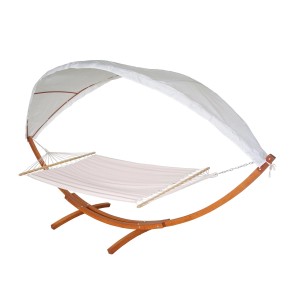 MCW Hängematte J47 Braun/Creme-Weiß mit Sonnendach. Sonnenliege mit Holzgestell und Stoffbezug.