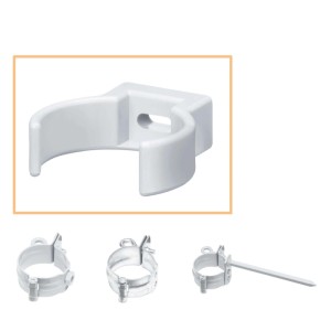 Weiße Inefa PVC Rohrschelle Clip DN 50 zur Befestigung von Fallrohren an der Wand. Robust und witterungsbeständig.