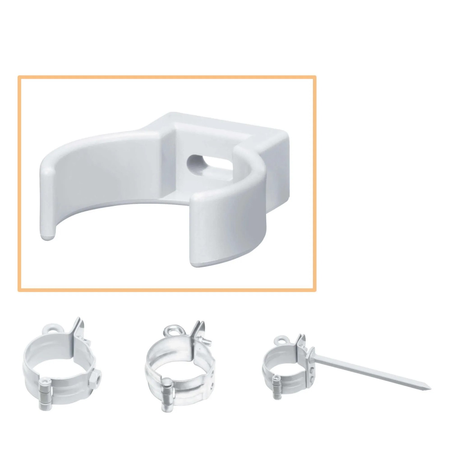 Weiße Inefa PVC Rohrschelle Clip DN 50 zur Befestigung von Fallrohren an der Wand. Robust und witterungsbeständig.