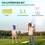 HOMCOM Badminton Netz Set Gelb/Blau mit Schlägern, Federbällen, Koffer. Familie spielt im Garten.