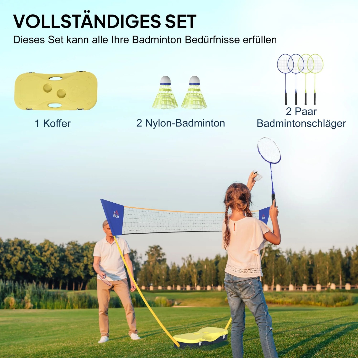 HOMCOM Badminton Netz Set Gelb/Blau mit Schlägern, Federbällen, Koffer. Familie spielt im Garten.