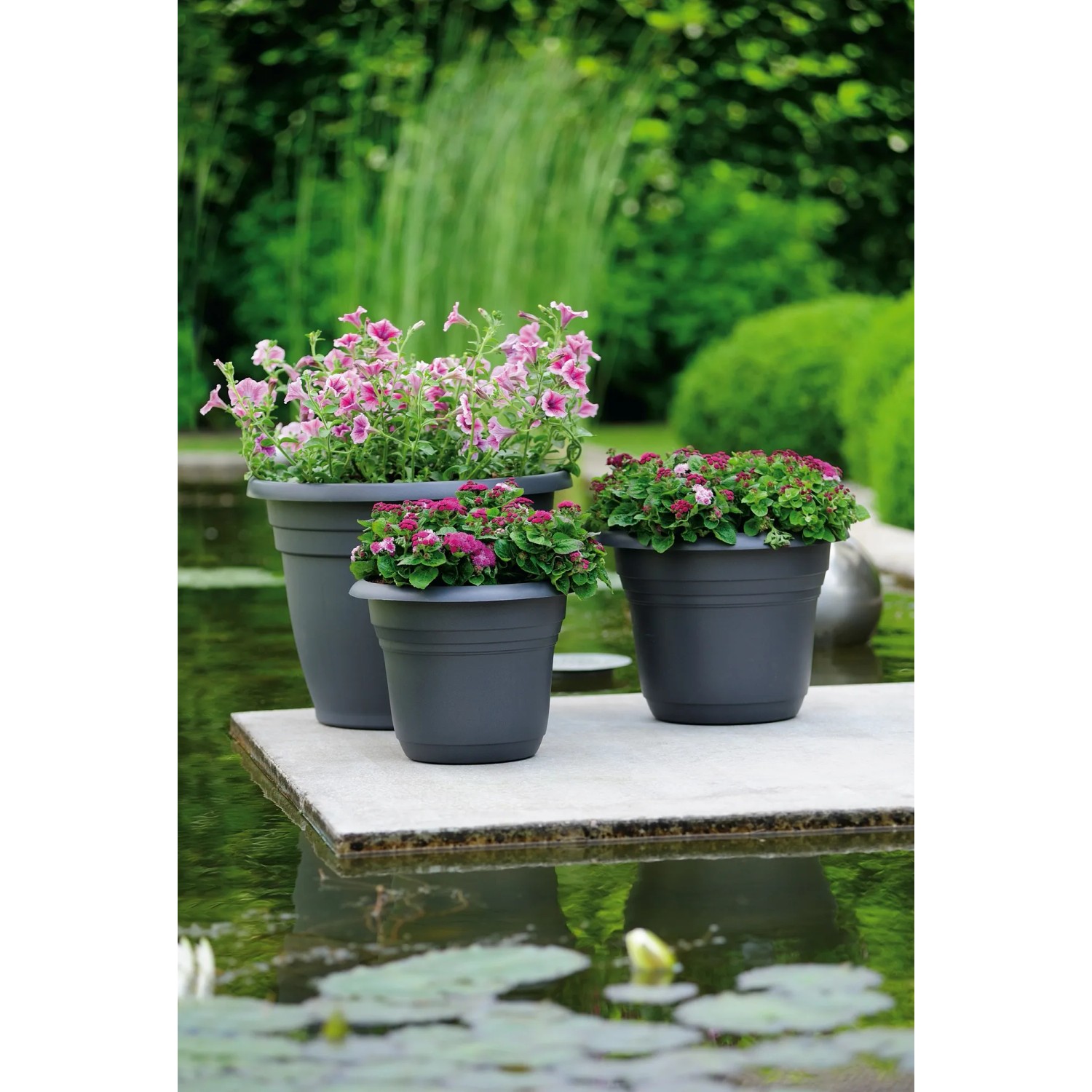 Anthrazitfarbene Florus Fiore Alessia Pflanztöpfe (Ø 20 cm) mit Blumen auf einem Steg am Wasser.