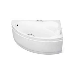 Weiße ADA Eckbadewanne 140x90 rechts mit Acrylschürze und zwei silbernen Griffen. Moderne Badewanne.