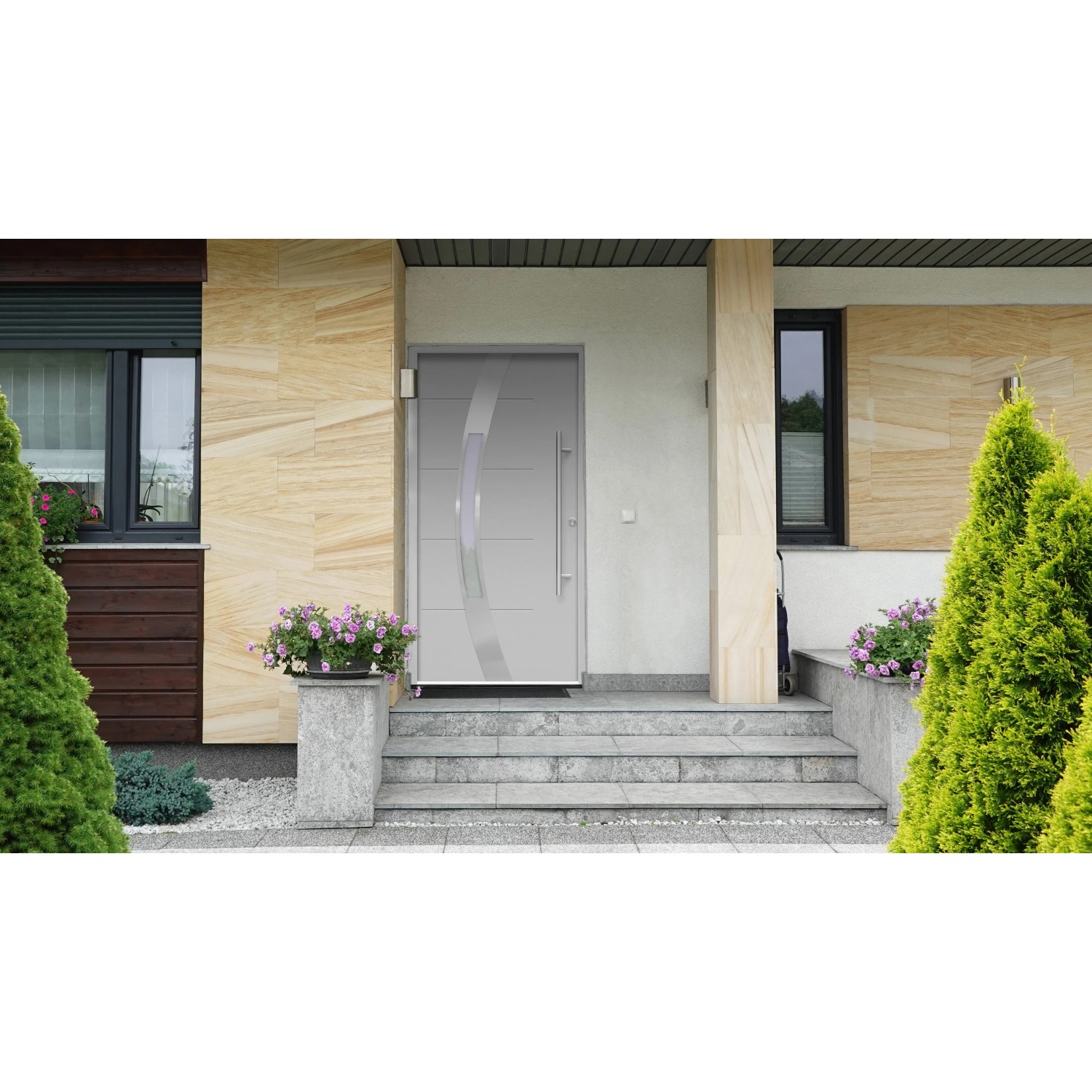 Graue Haustür Thermospace Prag Prime (110x210 cm) mit Edelstahlgriff und satinierter Verglasung.