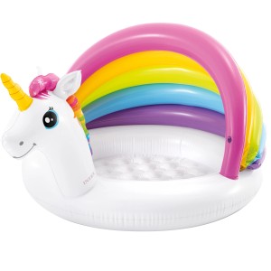 Intex Unicorn Planschbecken für Babys mit Sonnenschutz in Regenbogenfarben.