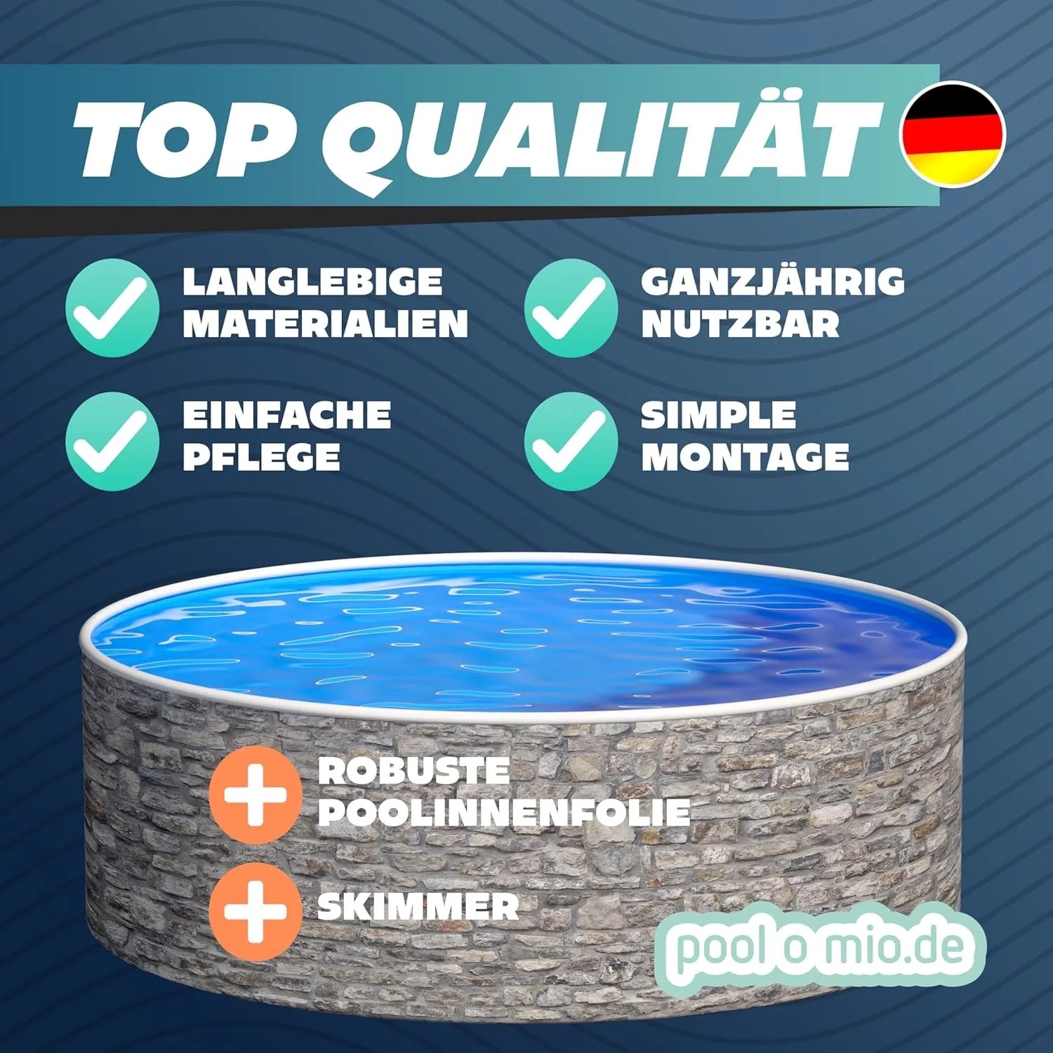 Runder Poolomio Stahlwandpool in Steinoptik, 500x120 cm, mit Skimmer und Innenfolie.