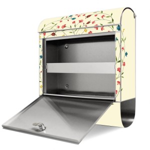 Offener Banjado Briefkasten aus Edelstahl mit Blumenmotiv und Zeitungsfach.