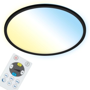Schwarze Brilo WiFi LED Deckenleuchte Slim Smart mit Fernbedienung zur Farbtemperatursteuerung.