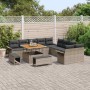 Graues 13-teiliges vidaXL Garten-Sofa-Set aus Poly Rattan mit Tisch und Hockern.