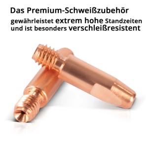 Zwei kupferfarbene STAHLWERK Stromdüsen M6x28 0,9 mm für MIG MAG Schweißgeräte. Präzises Schweißzubehör.