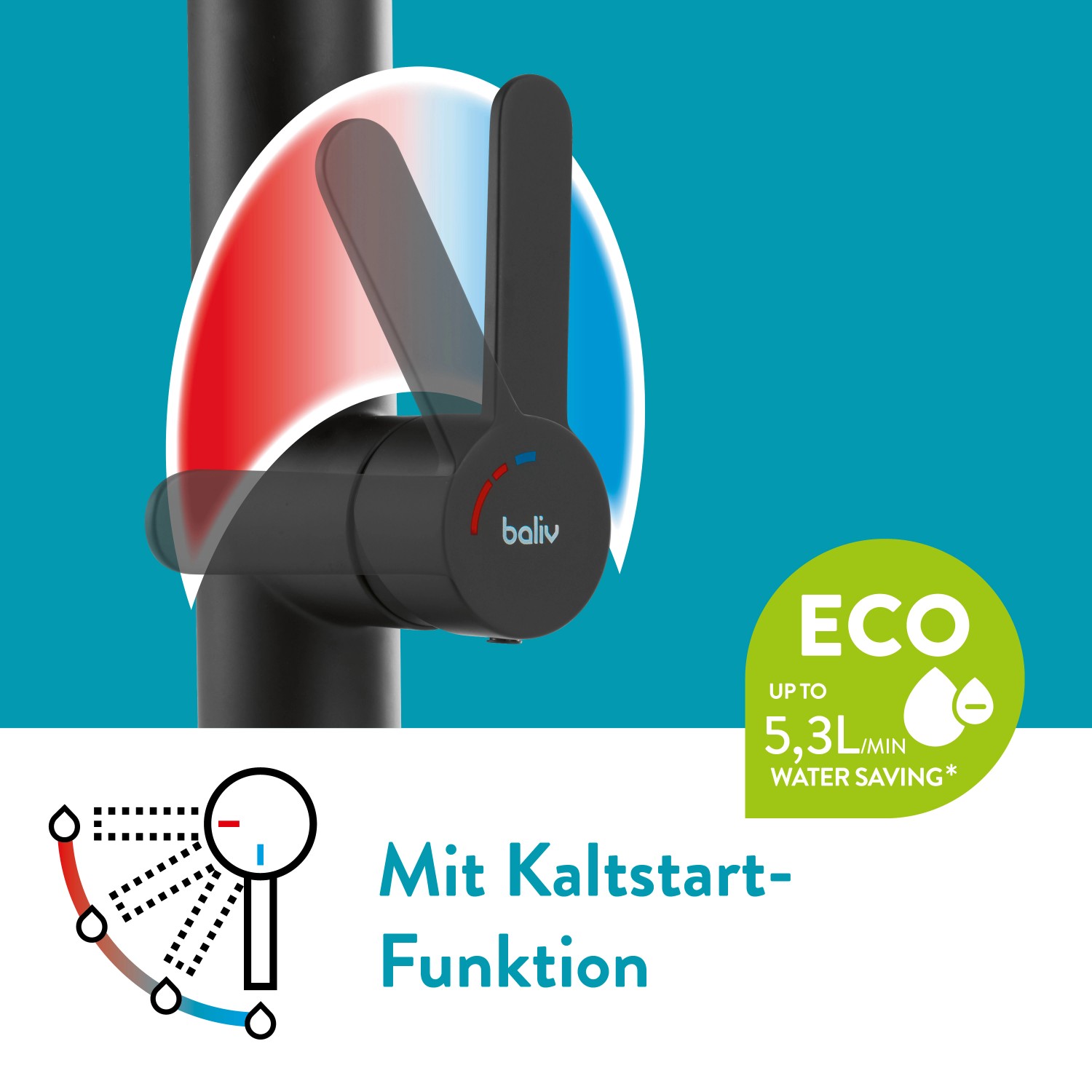 Detailaufnahme: Schwarze, matte baliv Küchenarmatur KI-1980 mit Kaltstart-Funktion.