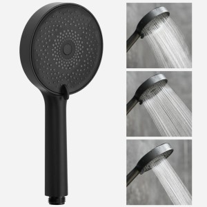 Schwarze EuroFlux Handbrause mit 3 sichtbaren Strahlarten und Massagefunktion. Modernes mattes Design für Duschen.