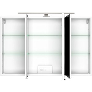 Weißer Held Möbel 3D-Spiegelschrank Monza, 100 cm breit, mit LED-Leuchte und Glasböden.