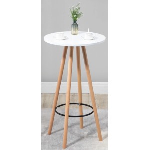 Runder Stehtisch Livia mit weißer Platte und konischen Holzbeinen. Skandinavisches Design, integrierte Fußstütze.