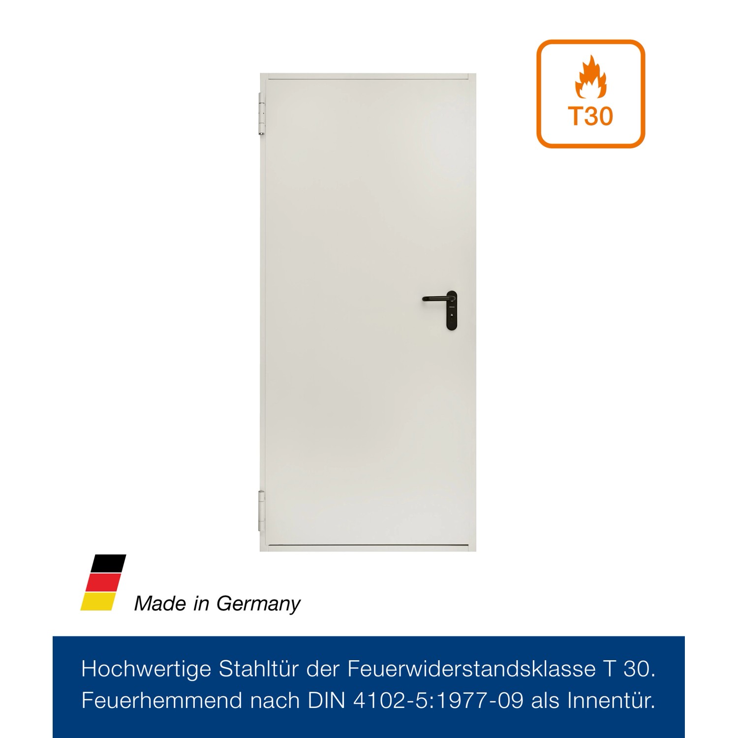 Hörmann Feuerschutztür T 30-H8-5 in Grauweiß, 100x200 cm. Stahltür für Brandschutz und Wärmedämmung.