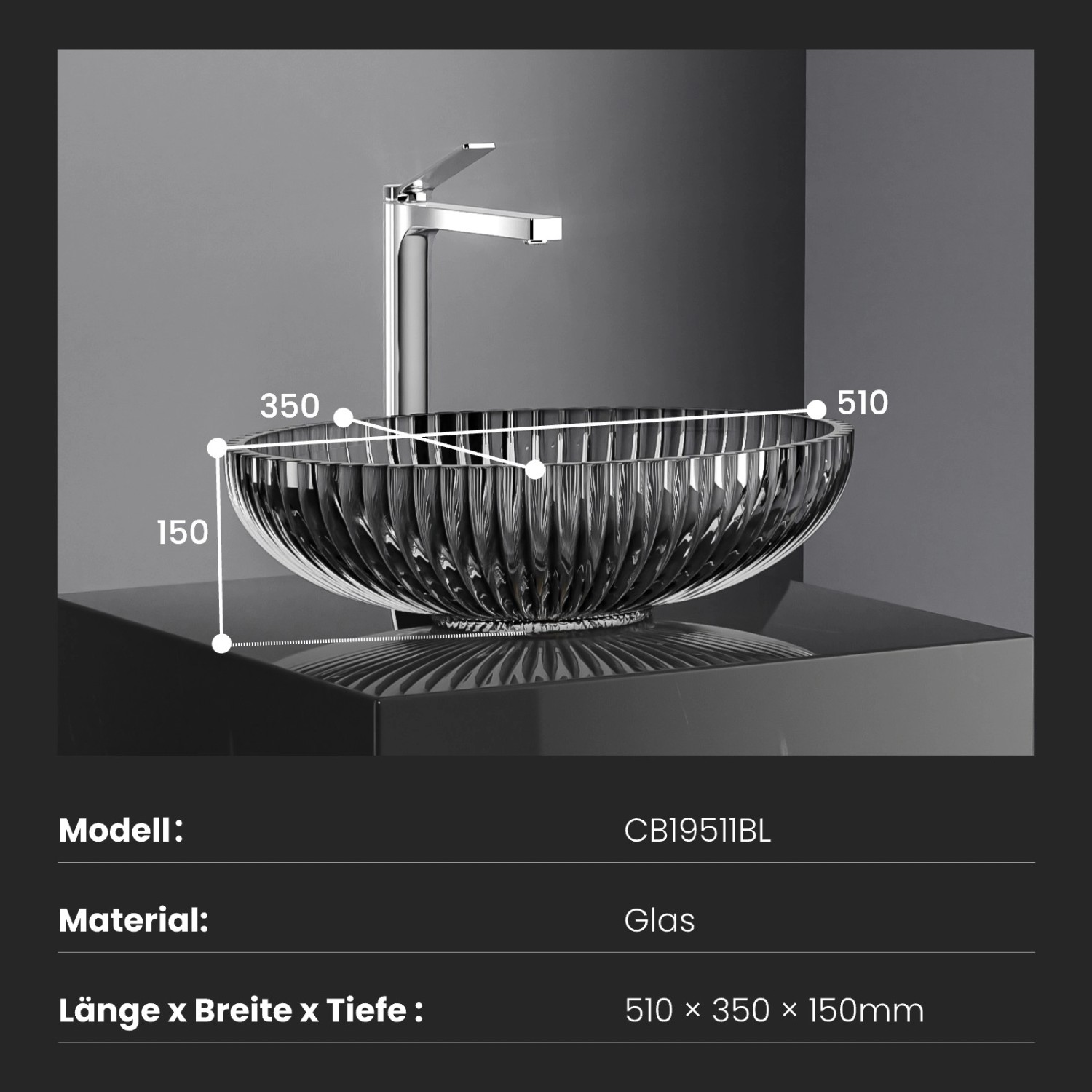 Ovales Emke Aufsatzwaschbecken aus schwarzem Glas, 51x35x15 cm. Elegantes Design für Ihr Badezimmer.