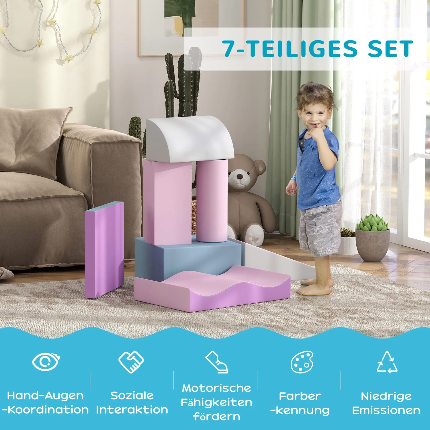 HOMCOM Softbausteine: 7-teiliges Set für Kinder zum Bauen und Spielen. Fördert Motorik und Kreativität.