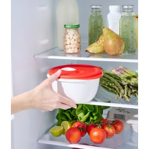 Rotho Mikrowellenschüssel Micro Clever 1,6 l Papaya im Kühlschrank mit Lebensmitteln.