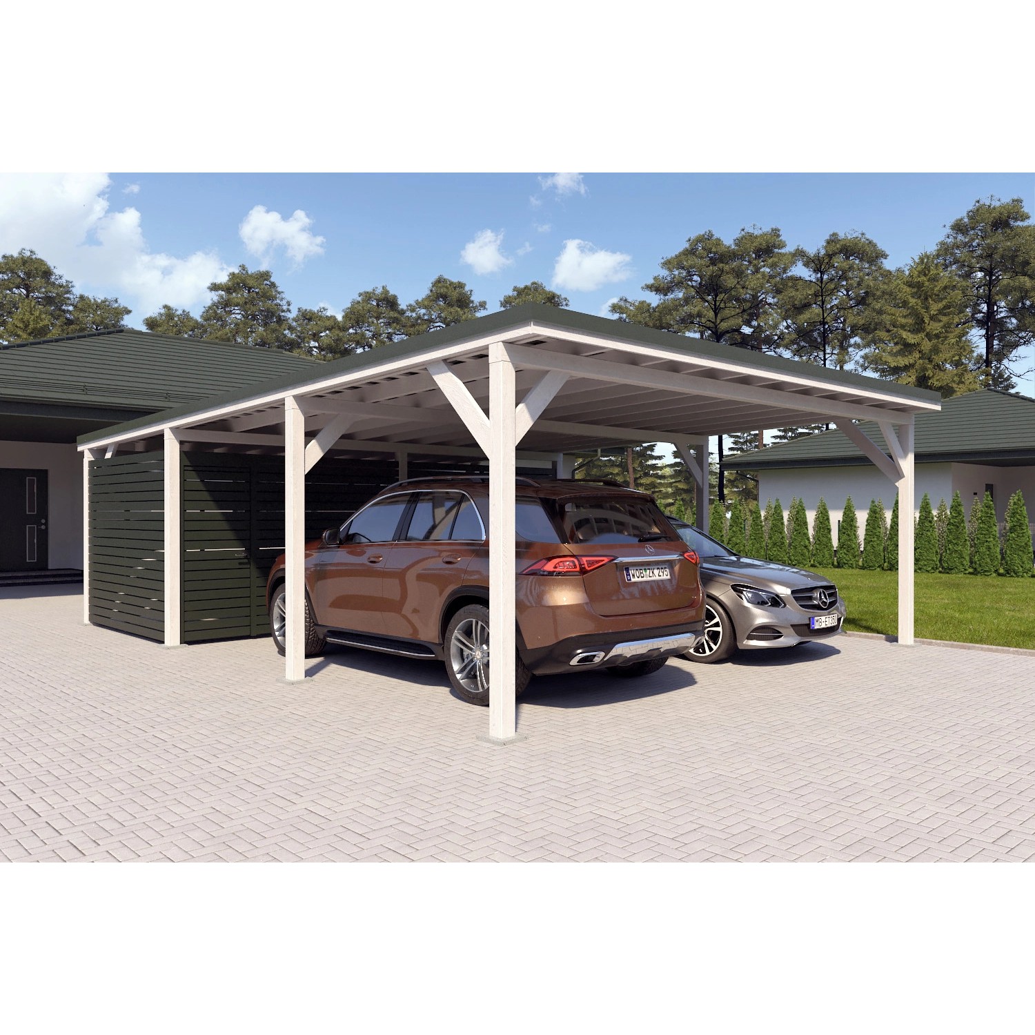 Holzbrüder Carport Ralf 52m² mit Geräteraum Reinweiß-Dornengrün günstig online kaufen