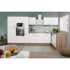 Respekta Winkelküche KBL370EYWMISGKE, 370 cm, Weiß/Eiche York Nachbildung, mit E-Geräten.