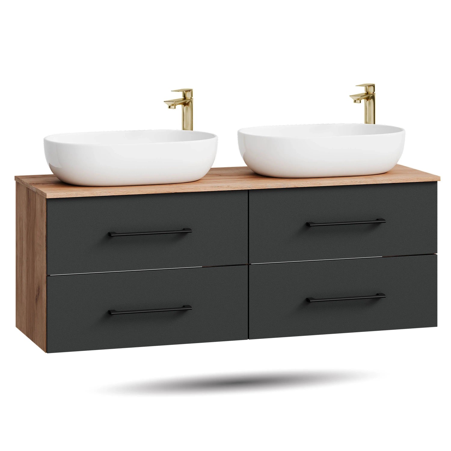 Planetmöbel LUX Doppelwaschtisch 140 cm mit 2 Aufsatzwaschbecken 60 cm Weiß Soft Close