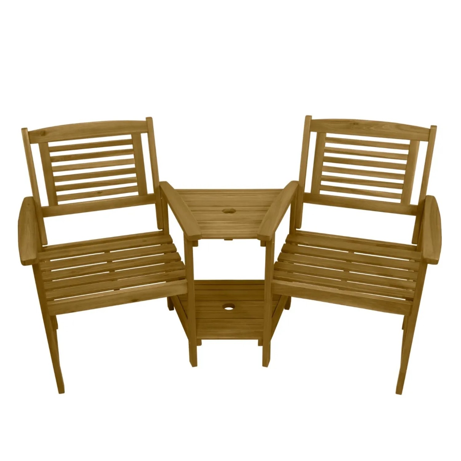 Monstershop Loveseat Gartenbank aus Akazienholz mit Tisch und grauen Kissen.