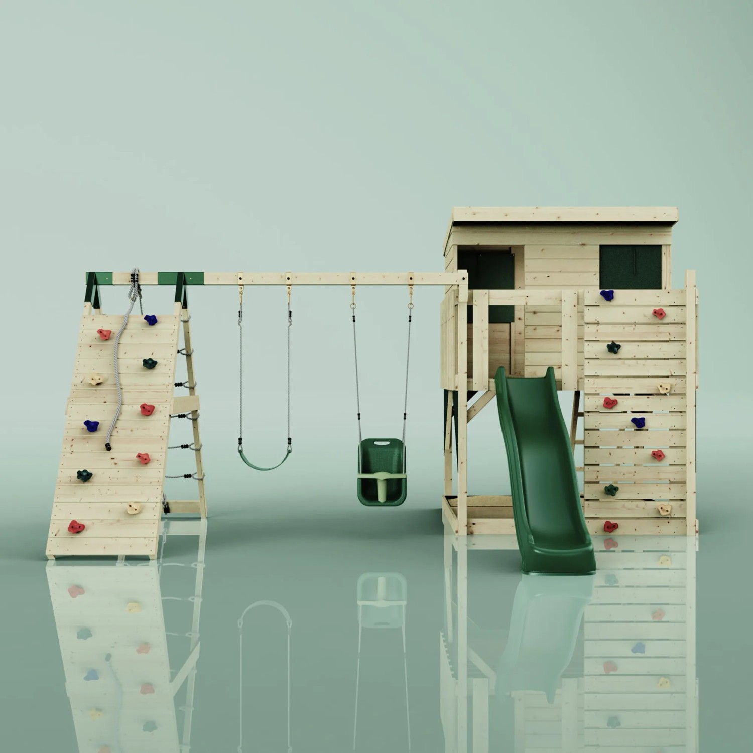 PolarPlay Spielturm Aksel Dunkelgrün mit Schaukel, Rutsche und Kletterwand.