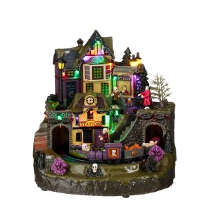 Luville Halloween-Haus mit beleuchtetem Zug, Skeletten und Kürbissen. Detailreiche Miniatur-Szene für Dekoration.