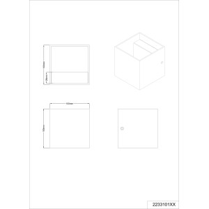 Skizze der Trio LED-Wandlampe Louis, Aluminium gebürstet, kubusförmig, mit Maßangaben.