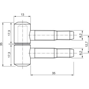 Technische Zeichnung Sfs Einbohrband Türband, verzinkter Stahl, ø 13 mm, Zylinderkopf. Maße: 35 mm Höhe, 12,7 mm Achsabstand.