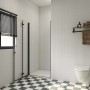 Schwarze AICA Falttür Duschabtrennung aus Glas, 100x185cm, mit NANO-Beschichtung im Badezimmer.