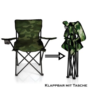 Tarnmuster Faltstuhl mit Getränkehalter, von aufgeklappt zu kompakt zusammengeklappt. Für Camping & Angeln.
