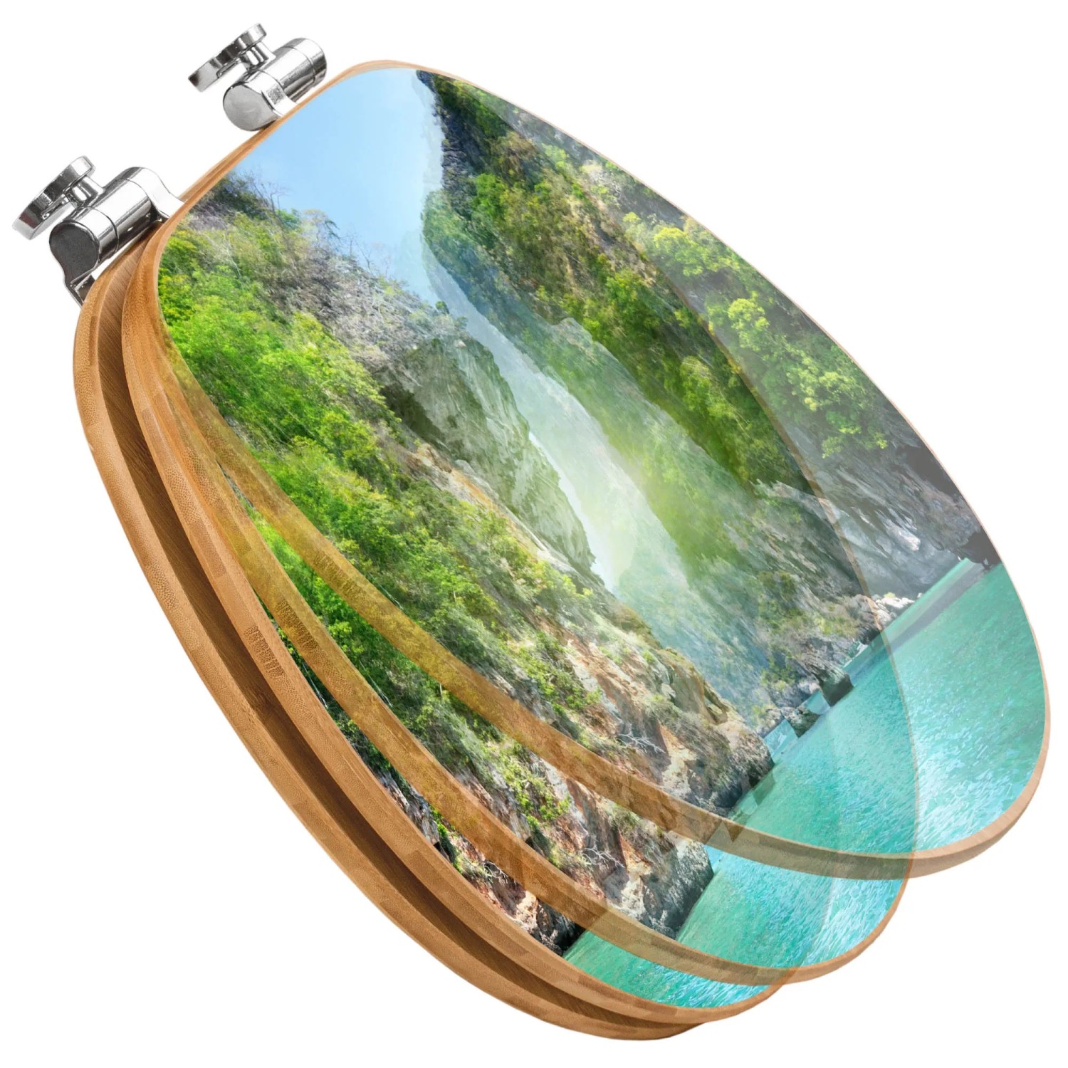 Banjado WC-Sitz aus Bambus mit dem Motiv Versteckte Bucht und Absenkautomatik.