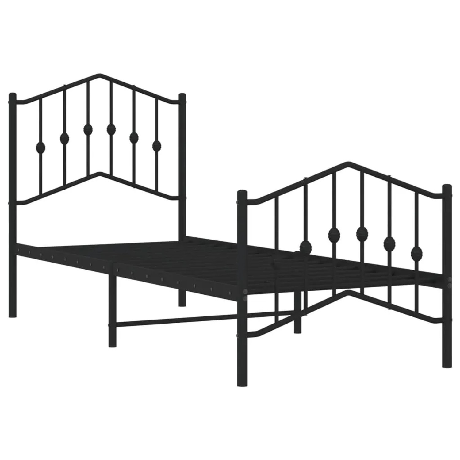 Schwarzes Metall Bettgestell mit Kopf- und Fußteil, 75x190 cm, für Schlafzimmer.