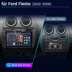 Junsun Autoradio für Ford Fiesta 2002-2008. Modernes Touchscreen-Radio ersetzt altes Gerät im Armaturenbrett.