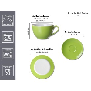 Ritzenhoff & Breker Doppio Kaffeeservice, 12-teilig, grün: Tassen, Untertassen, Dessertteller.