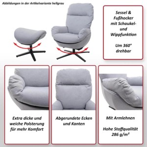 Dunkelgrauer MCW Relaxsessel mit Hocker, drehbar, Schaukel- & Wippfunktion, weiche Polsterung, Armlehnen.