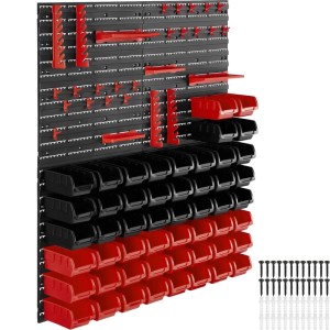 Tectake Kleinteilemagazin  88 Teilig  Mit 4 Wandplatten 28 Schwarze und 28 Rote Stapelboxen 2Er Set 17 x 96 x 54 cm Schwarz