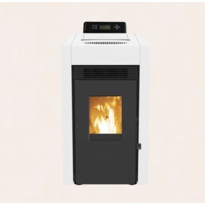 Weißer SCHENGER Pelletofen HLP3402 mit Flamme im Sichtfenster.
