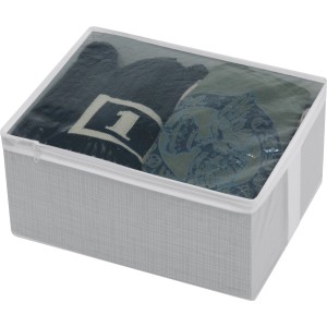 Graue Aufbewahrungstasche S für Textilien mit Sichtfenster und Reißverschluss.