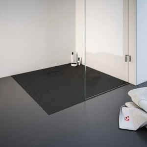 Quadratische, anthrazitfarbene Schulte Duschwanne ExpressPlus, 120x120 cm, aus Mineralguss mit Steinoptik.