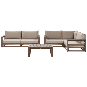 Beliani Sitzgruppe TIMOR Taupe: Gartenmöbel Set mit Ecksofa, Zweisitzer und Tisch aus Akazienholz.
