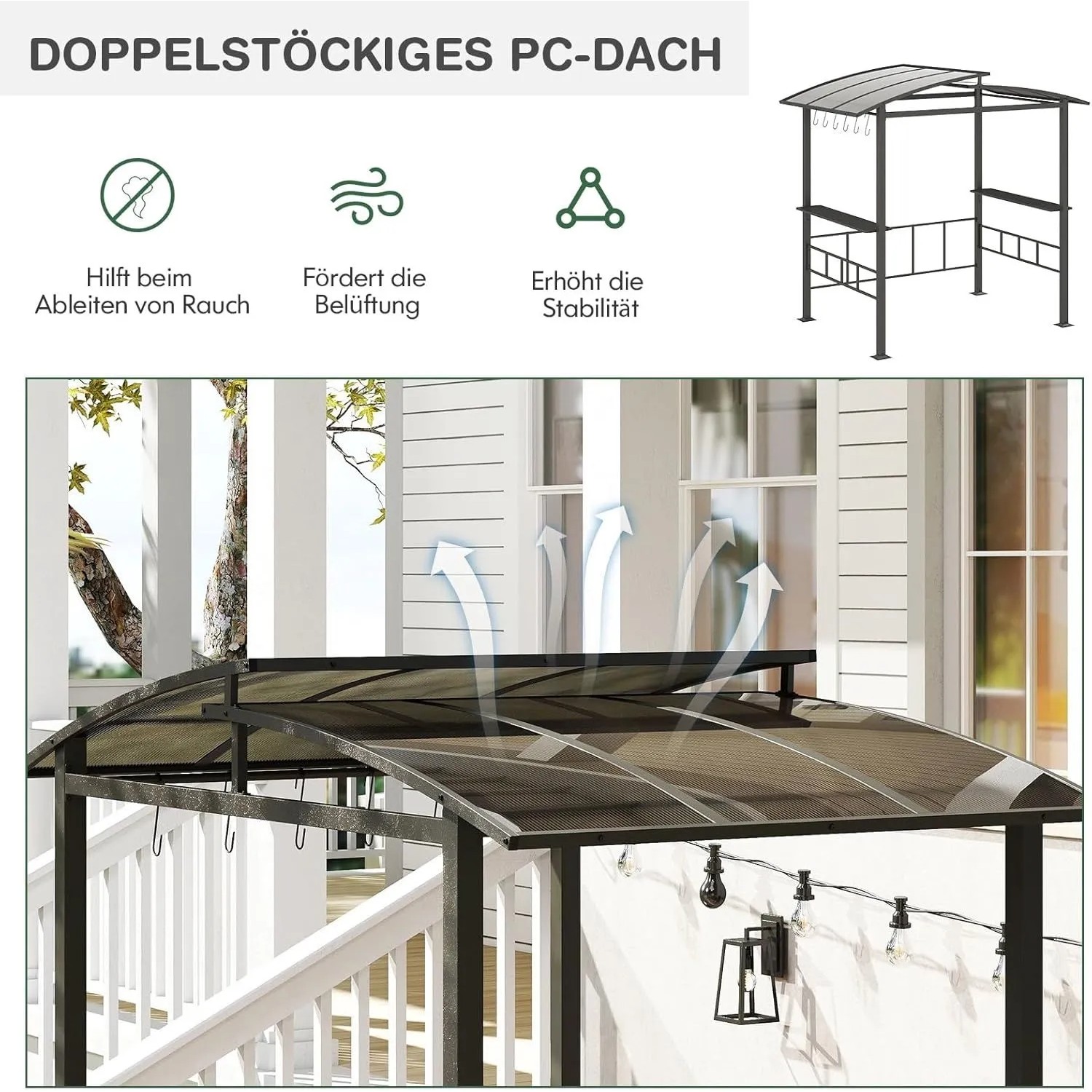 Costway Grillpavillon mit Polycarbonat-Dach, Seitenregalen und Haken in Schwarz.