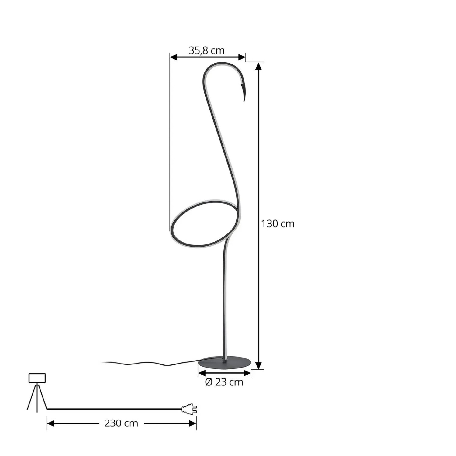 Moderne, dimmbare LED Stehlampe Pajaro in Schwarz aus Metall, 130cm hoch, für Wohnzimmer.