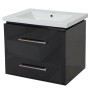 Schwarzer MCW Waschbeckenunterschrank (60cm) mit Keramik-Waschbecken und zwei Schubladen.