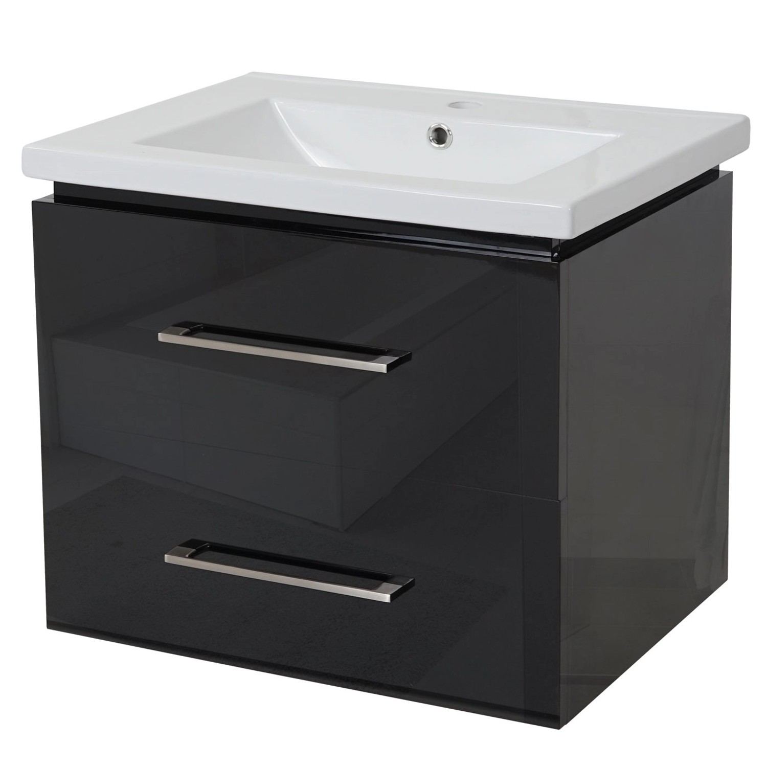 Schwarzer MCW Waschbeckenunterschrank (60cm) mit Keramik-Waschbecken und zwei Schubladen.