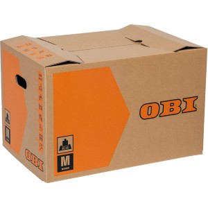 OBI Umzugskarton M, 60 l, 30 kg, aus doppelwelligem Karton mit Tragegriffen und Beschriftungsfeldern.