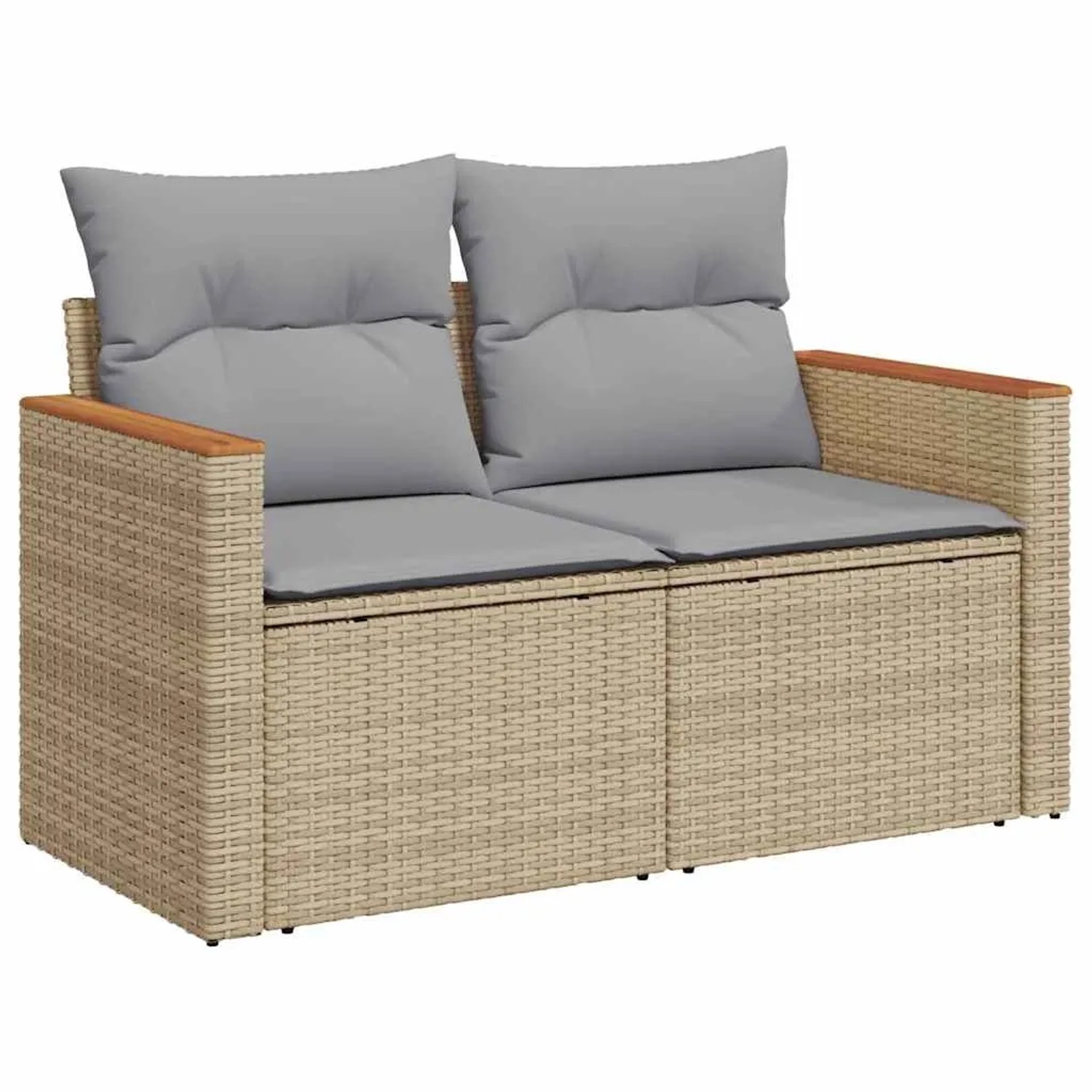 Beiges vidaXL Gartensofa-Set aus Rattan mit grauen Kissen und Armlehnen aus Akazie.